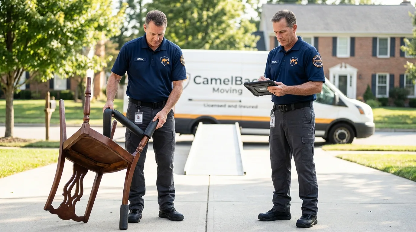 Movers inspecting furniture for damage prevention before loading in Hot Sulphur Springs, CO