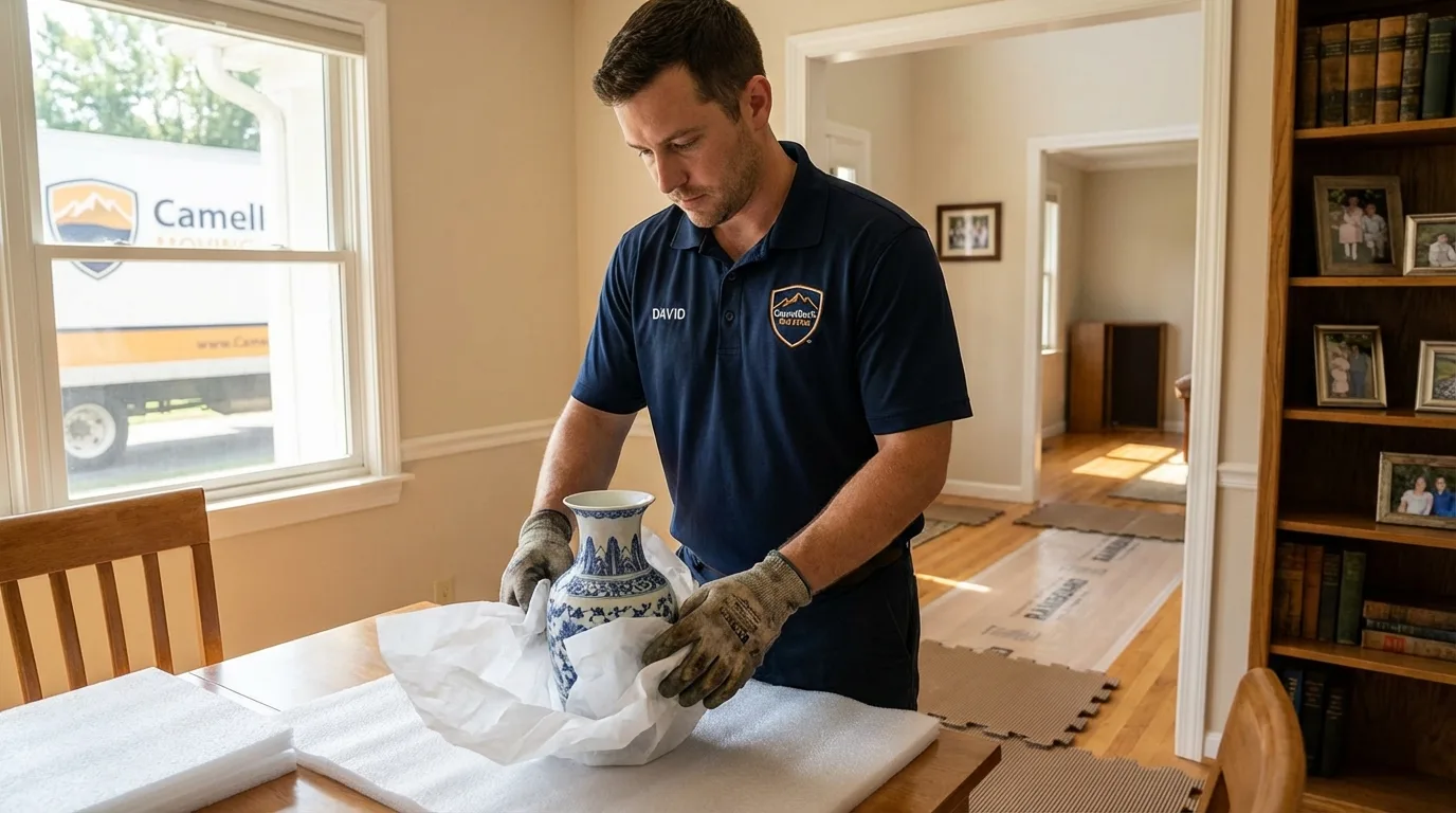 Professional crew carefully wrapping antique vase for senior downsizing move in Hot Sulphur Springs, CO